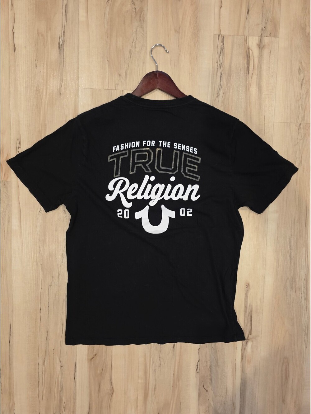 True Religion Black Cotton T-Shirt Large with Logo Print